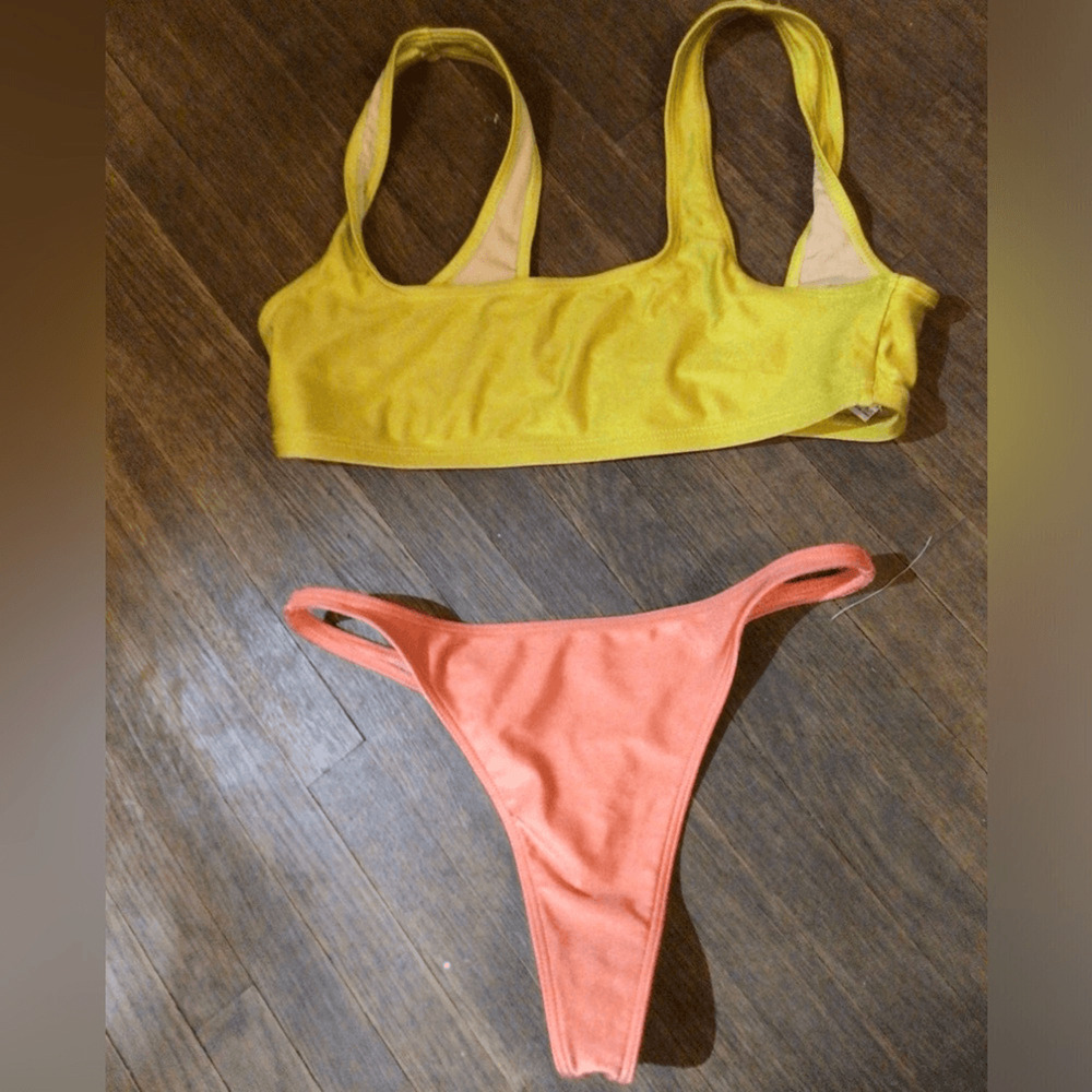NEW! Los Angeles Apparel Mismatch Vibrant Yellow and Orange Bikini Set